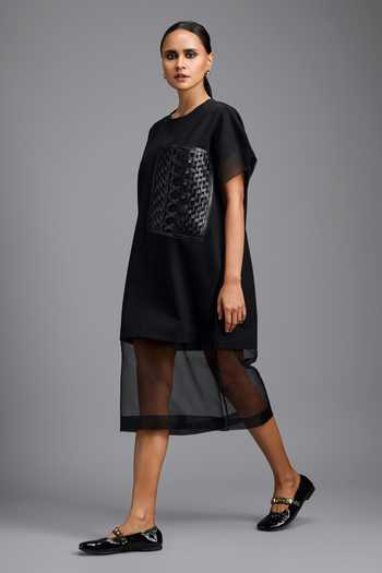 Shop_Deepika Arora_Black Organza, Ponte Roma Round Neck Sheer Hem Dress _Online_at_Aza_Fashions