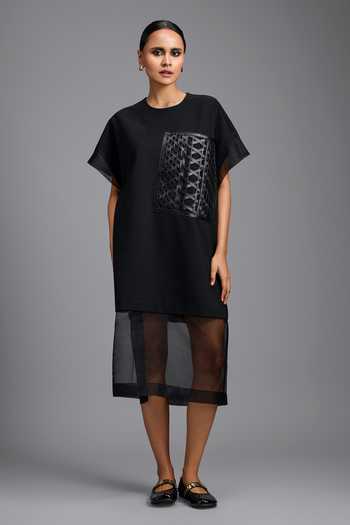 Deepika Arora_Black Organza, Ponte Roma Round Neck Sheer Hem Dress _at_Aza_Fashions