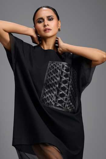 Buy_Deepika Arora_Black Organza, Ponte Roma Round Neck Sheer Hem Dress 