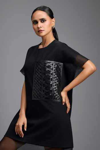 Shop_Deepika Arora_Black Organza, Ponte Roma Round Neck Sheer Hem Dress 