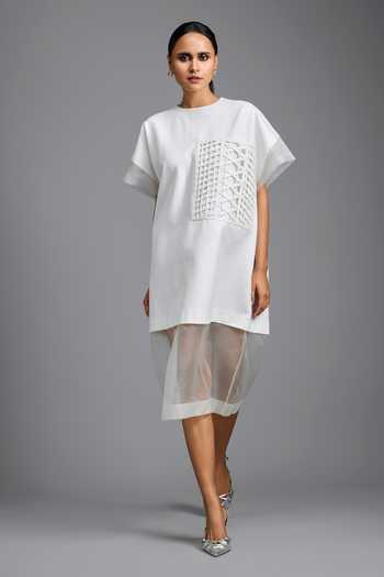 Deepika Arora_White Ponte Roma, Organza Round Neck Sheer Hem Dress _Online_at_Aza_Fashions