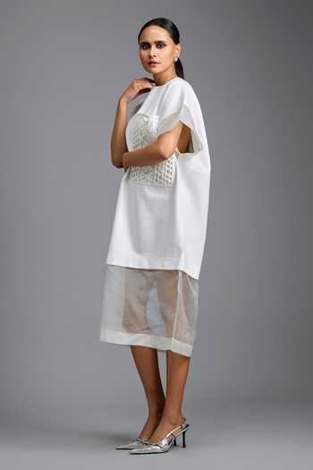 Buy_Deepika Arora_White Ponte Roma, Organza Round Neck Sheer Hem Dress _Online_at_Aza_Fashions