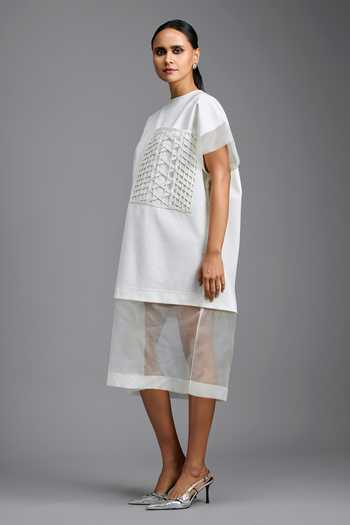 Shop_Deepika Arora_White Ponte Roma, Organza Round Neck Sheer Hem Dress _Online_at_Aza_Fashions