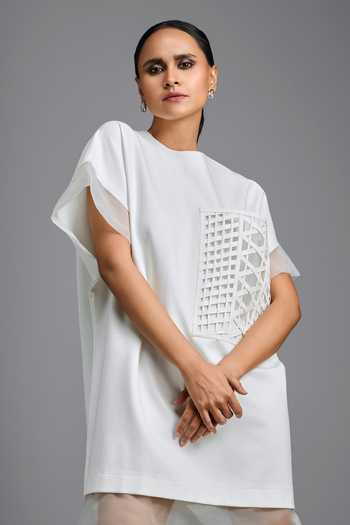 Deepika Arora_White Ponte Roma, Organza Round Neck Sheer Hem Dress _at_Aza_Fashions
