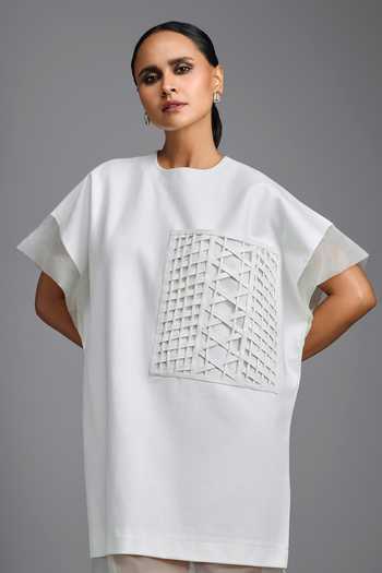 Buy_Deepika Arora_White Ponte Roma, Organza Round Neck Sheer Hem Dress 