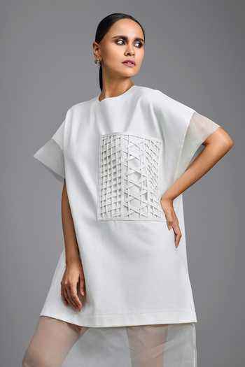 Shop_Deepika Arora_White Ponte Roma, Organza Round Neck Sheer Hem Dress 