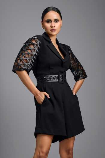 Deepika Arora_Black Mesh Sleeve Jumpsuit With Belt _at_Aza_Fashions