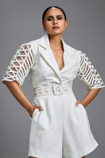 Deepika Arora_White Mesh Sleeve Jumpsuit With Belt _Online_at_Aza_Fashions