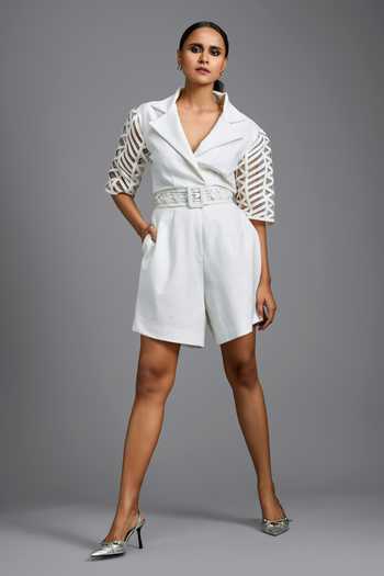 Buy_Deepika Arora_White Mesh Sleeve Jumpsuit With Belt 