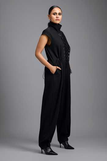 Deepika Arora_Black Lattice Woven Structured Jumpsuit _Online_at_Aza_Fashions