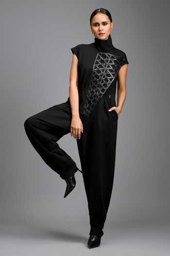 Buy_Deepika Arora_Black Lattice Woven Structured Jumpsuit _Online_at_Aza_Fashions