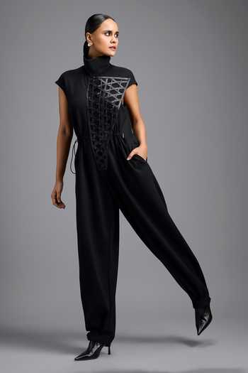 Shop_Deepika Arora_Black Lattice Woven Structured Jumpsuit _Online_at_Aza_Fashions