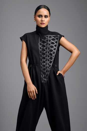 Deepika Arora_Black Lattice Woven Structured Jumpsuit _at_Aza_Fashions