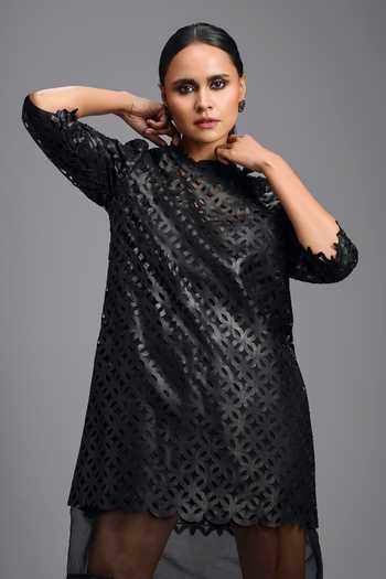 Deepika Arora Black Leather Round Neck Sheer Hem Dress Online at Aza Fashions Deepika Arora_Black Leather Round Neck Sheer Hem Dress _Online_at_Aza_Fashions