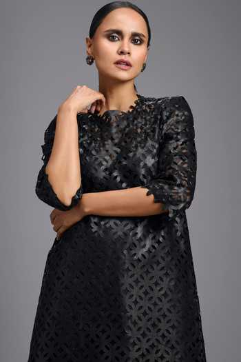 Buy Deepika Arora Black Leather Round Neck Sheer Hem Dress Online at Aza Fashions Buy_Deepika Arora_Black Leather Round Neck Sheer Hem Dress _Online_at_Aza_Fashions