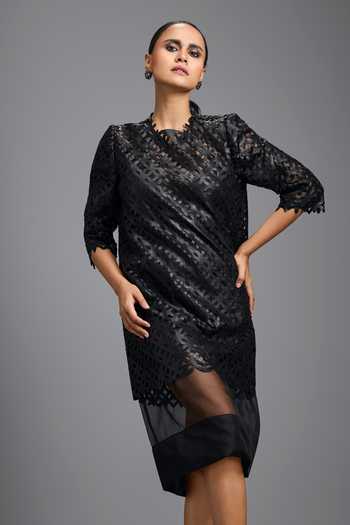 Shop Deepika Arora Black Leather Round Neck Sheer Hem Dress Online at Aza Fashions Shop_Deepika Arora_Black Leather Round Neck Sheer Hem Dress _Online_at_Aza_Fashions