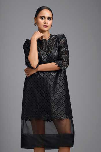 Deepika Arora Black Leather Round Neck Sheer Hem Dress at Aza Fashions Deepika Arora_Black Leather Round Neck Sheer Hem Dress _at_Aza_Fashions