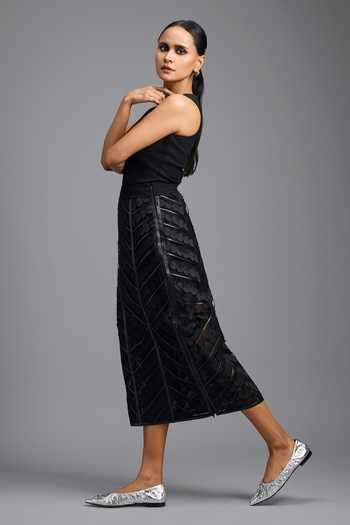Deepika Arora_Black Leather Geometric Panel Skirt _Online_at_Aza_Fashions