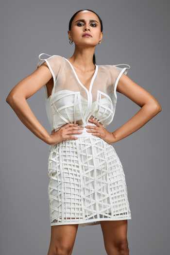 Buy_Deepika Arora_White Organza V-neck Sculpted Sheer Yoke Top _Online_at_Aza_Fashions