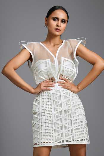 Deepika Arora_White Organza V-neck Sculpted Sheer Yoke Top _at_Aza_Fashions