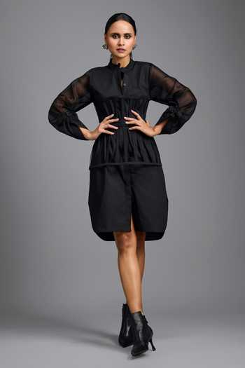 Deepika Arora Black Cotton Mandarin Collar Sleeve Dress With Panel Online at Aza Fashions Deepika Arora_Black Cotton Mandarin Collar Sleeve Dress With Panel _Online_at_Aza_Fashions