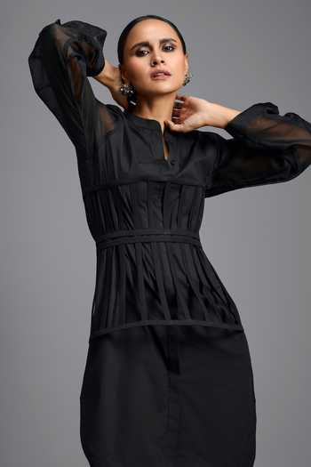 Buy Deepika Arora Black Cotton Mandarin Collar Sleeve Dress With Panel Online at Aza Fashions Buy_Deepika Arora_Black Cotton Mandarin Collar Sleeve Dress With Panel _Online_at_Aza_Fashions