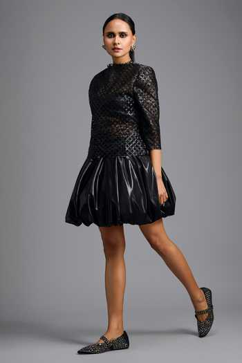 Deepika Arora_Black Georgette, Leather High Neck Bubble Hem Dress _Online_at_Aza_Fashions