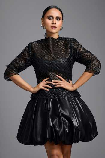 Shop_Deepika Arora_Black Georgette, Leather High Neck Bubble Hem Dress _Online_at_Aza_Fashions