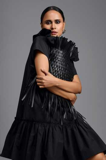 Deepika Arora Black High Neck Dramatic Woven Dress Online at Aza Fashions Deepika Arora_Black High Neck Dramatic Woven Dress _Online_at_Aza_Fashions