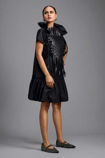 Shop Deepika Arora Black High Neck Dramatic Woven Dress Online at Aza Fashions Shop_Deepika Arora_Black High Neck Dramatic Woven Dress _Online_at_Aza_Fashions