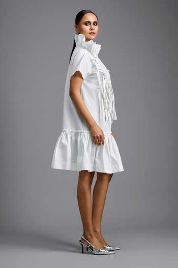 Deepika Arora White High Neck Dramatic Woven Dress Online at Aza Fashions Deepika Arora_White High Neck Dramatic Woven Dress _Online_at_Aza_Fashions