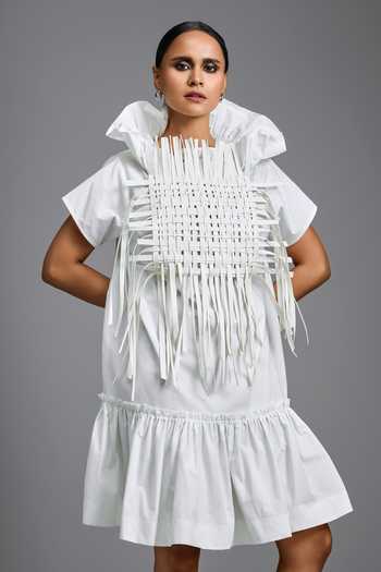 Shop Deepika Arora White High Neck Dramatic Woven Dress Online at Aza Fashions Shop_Deepika Arora_White High Neck Dramatic Woven Dress _Online_at_Aza_Fashions