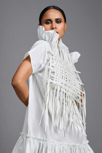 Deepika Arora White High Neck Dramatic Woven Dress at Aza Fashions Deepika Arora_White High Neck Dramatic Woven Dress _at_Aza_Fashions