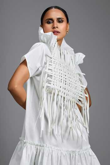 Buy Deepika Arora White High Neck Dramatic Woven Dress Buy_Deepika Arora_White High Neck Dramatic Woven Dress