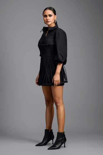 Deepika Arora_Black Cotton Collared Neck Structured Shirt And Skirt Set _Online_at_Aza_Fashions
