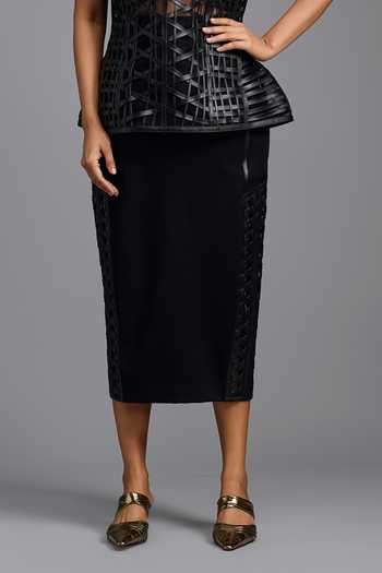 Shop_Deepika Arora_Black Ponte Roma Lattic Sleek Skirt _Online_at_Aza_Fashions