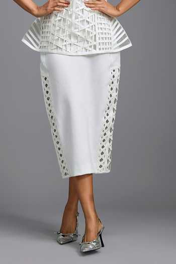 Deepika Arora_White Ponte Roma Sleek Midi Skirt _Online_at_Aza_Fashions
