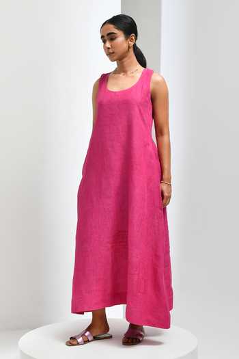 Inkpikle Pink Linen Scoop Neck Hand Woven Dress Online at Aza Fashions Inkpikle_Pink Linen Scoop Neck Hand Woven Dress _Online_at_Aza_Fashions
