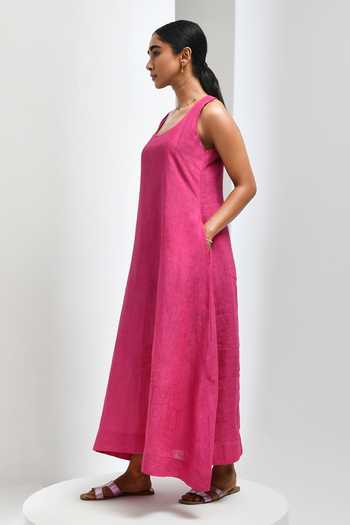 Shop Inkpikle Pink Linen Scoop Neck Hand Woven Dress Online at Aza Fashions Shop_Inkpikle_Pink Linen Scoop Neck Hand Woven Dress _Online_at_Aza_Fashions
