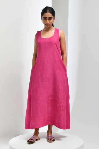 Inkpikle Pink Linen Scoop Neck Hand Woven Dress at Aza Fashions Inkpikle_Pink Linen Scoop Neck Hand Woven Dress _at_Aza_Fashions