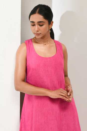 Shop Inkpikle Pink Linen Scoop Neck Hand Woven Dress Shop_Inkpikle_Pink Linen Scoop Neck Hand Woven Dress