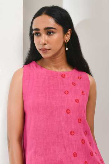 Inkpikle Pink Linen Round Neck Hand Print Dress Online at Aza Fashions Inkpikle_Pink Linen Round Neck Hand Print Dress _Online_at_Aza_Fashions