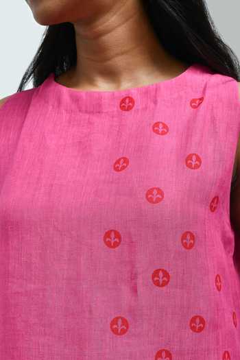 Shop Inkpikle Pink Linen Round Neck Hand Print Dress Online at Aza Fashions Shop_Inkpikle_Pink Linen Round Neck Hand Print Dress _Online_at_Aza_Fashions