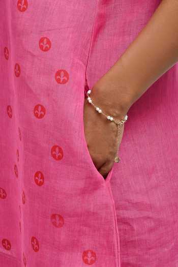 Inkpikle Pink Linen Round Neck Hand Print Dress at Aza Fashions Inkpikle_Pink Linen Round Neck Hand Print Dress _at_Aza_Fashions