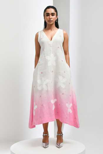 Buy Inkpikle Pink Linen V-neck Floral Print Woven Dress Online at Aza Fashions Buy_Inkpikle_Pink Linen V-neck Floral Print Woven Dress _Online_at_Aza_Fashions