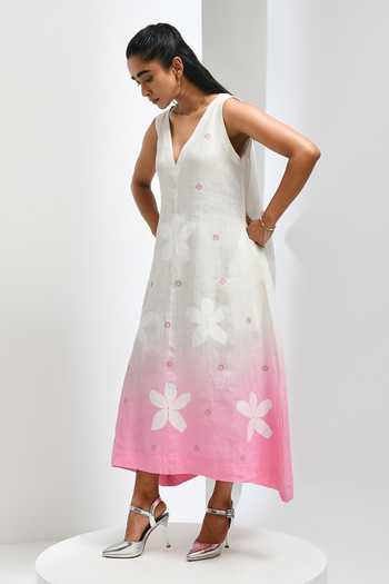 Shop Inkpikle Pink Linen V-neck Floral Print Woven Dress Online at Aza Fashions Shop_Inkpikle_Pink Linen V-neck Floral Print Woven Dress _Online_at_Aza_Fashions
