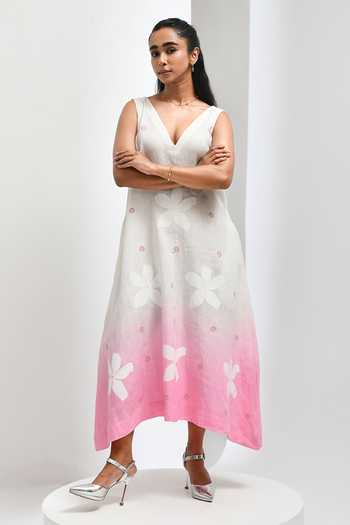 Inkpikle Floral Hand Print Hand Woven Linen Dress 
