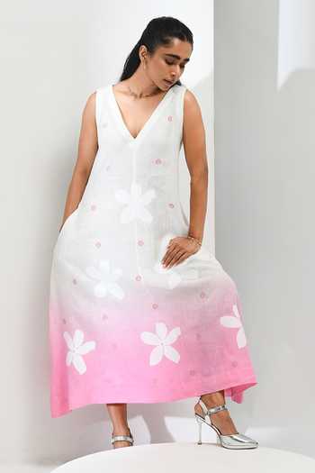 Buy Inkpikle Pink Linen V-neck Floral Print Woven Dress Buy_Inkpikle_Pink Linen V-neck Floral Print Woven Dress