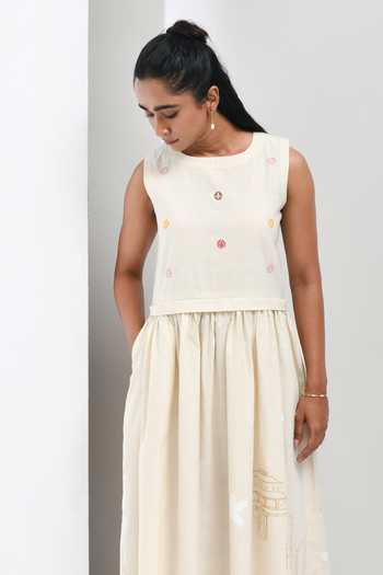 Inkpikle Beige Cotton Round Neck Hand Print Dress Online at Aza Fashions Inkpikle_Beige Cotton Round Neck Hand Print Dress _Online_at_Aza_Fashions
