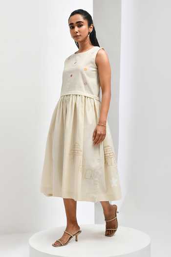 Buy Inkpikle Beige Cotton Round Neck Hand Print Dress Online at Aza Fashions Buy_Inkpikle_Beige Cotton Round Neck Hand Print Dress _Online_at_Aza_Fashions